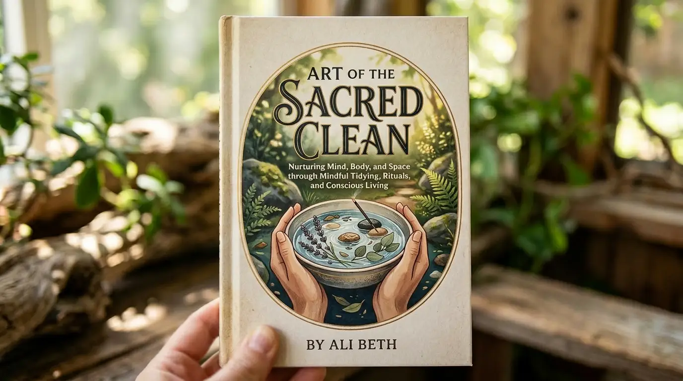 Book titled Art of the Sacred Clean by Elara Vance with hands holding a bowl of water and plants illustration