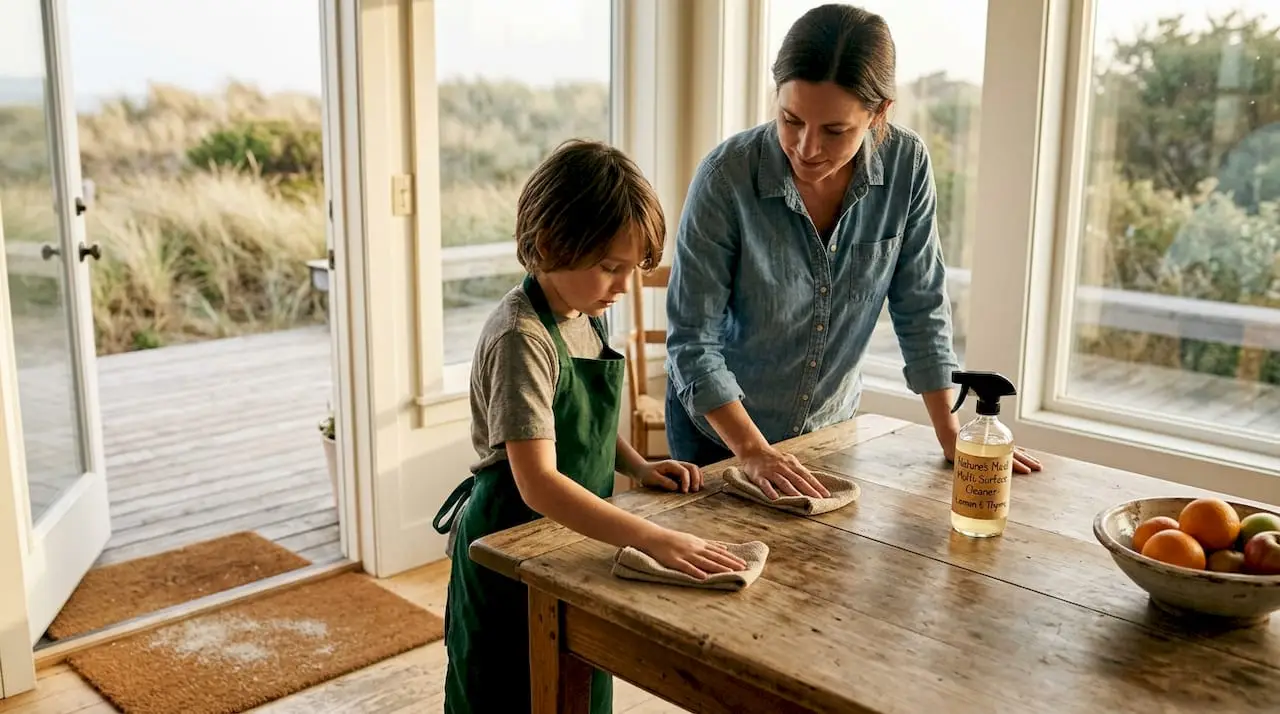 Mother and child cleaning kitchen with green supplies